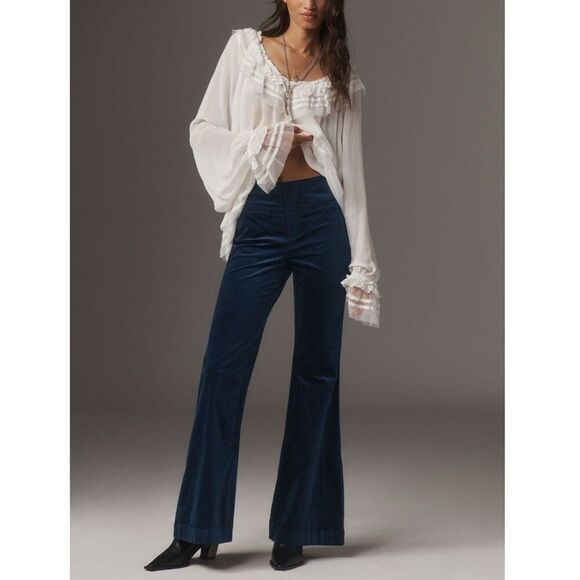 Anthropologie Pilcro Velvet Pull-On Retro Flare Jeans Mid-Rise Sz 25 Blue Pants - Picture 2 of 12